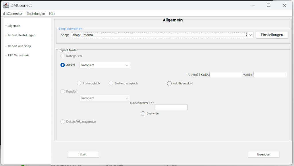 dmConnector Schnittstelle GUI Bestellimport